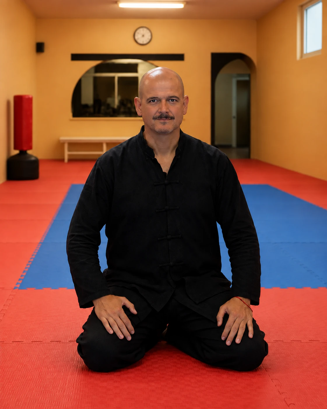 Kalu con uniforme negro de Kung Fu, arrodillado sobre el tatami